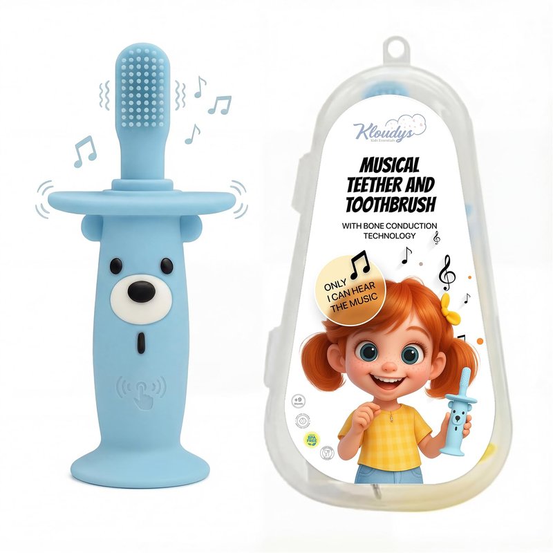 KLOUDYS Vibrating Baby Teether & Toothbrush l Teething Relief & Bone Conduction Music l Soft BPA-Free Silicone Baby teethers, Oral Sensory chew Toys for Kids & Babies,Teething Toys 9-24 Months, Blue