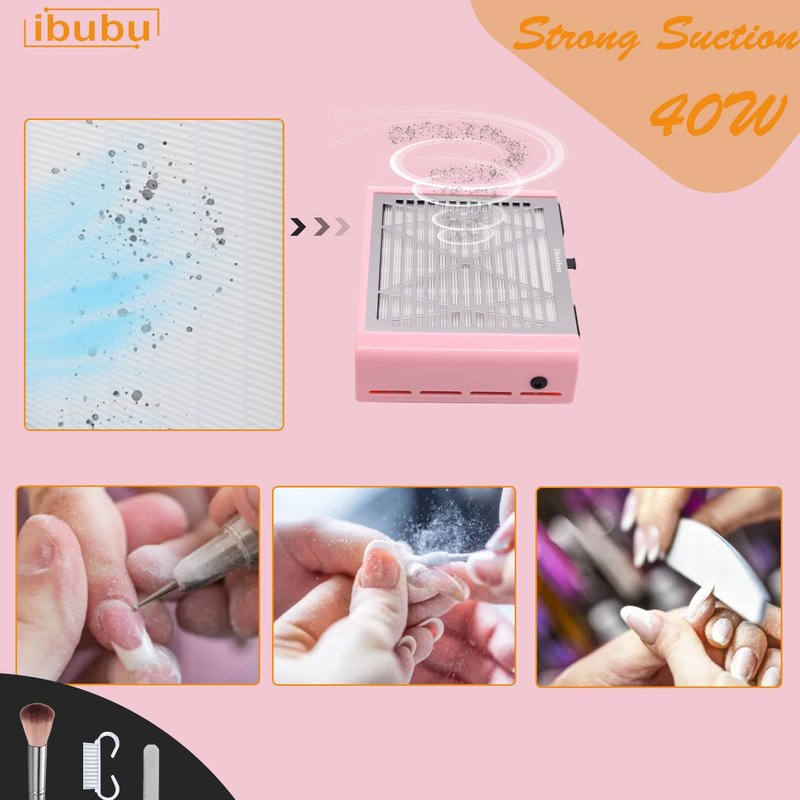 ibubu Nail Dust Collector Machine Electric Strong Suction Nail Dust Vacuum Cleaner Nail Salon Dust Extractor Acrylic Nail Powder Dust Collector Vacuum Fan with Multiple Tool Kits for Nails Pink