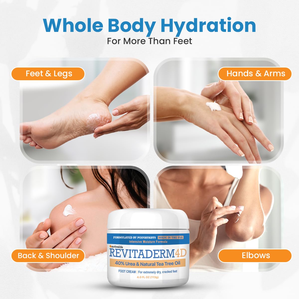 Revitaderm 4D 40% Urea Advanced Foot Cream for Cracked Heels & Dry Skin, Intensive Repair for Rough, Callused Feet, Fast Absorbing, Fragrance Free, Made in USA, 4 oz with Pumice & Brush, 1 Pack