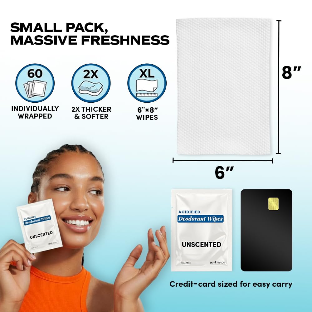 Zero Trace Travel Deodorant Wipes - 60 Count- 24 Hour Odor Control - Aluminum Free Hypoallergenic Deodorant For Women and Men - Individually Wrapped Underarm & Body Wipes - Uscented Bare Fresh