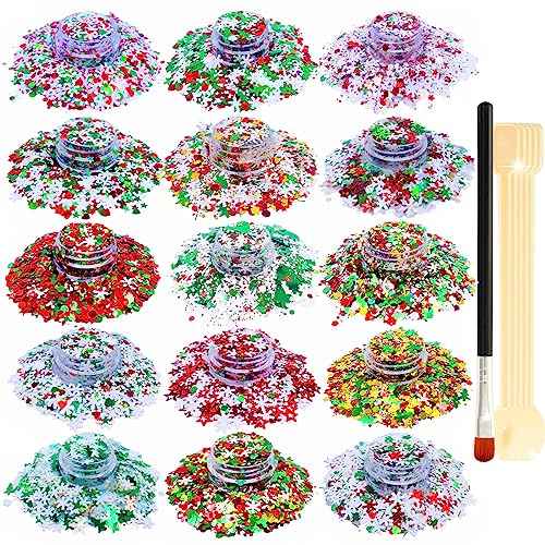 Glitter SUPGIFT 15 Colors 130g Holographic Christmas Snowflake Tree Heart Star Pentagram Chunky Cosmetic Laser Sequins for Makeup Hair Body Nail Art Slime Craft Resin with Brush 5 Spoons