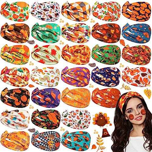 Giegxin 30 Pcs Fall Thanksgiving Headbands for Women Bulk Fall Pumpkins Headbands Autumn Hairband Elastic Non Slip Hair Accessories for Women