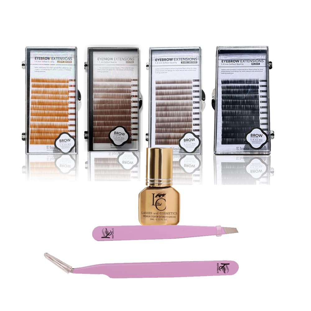 Eyebrow Extensions Kit - Premium Mink Eyebrows in Light Brown, Brown, Dark Brown & Black | Mixed Lengths 5-8mm with Glue & Tweezers