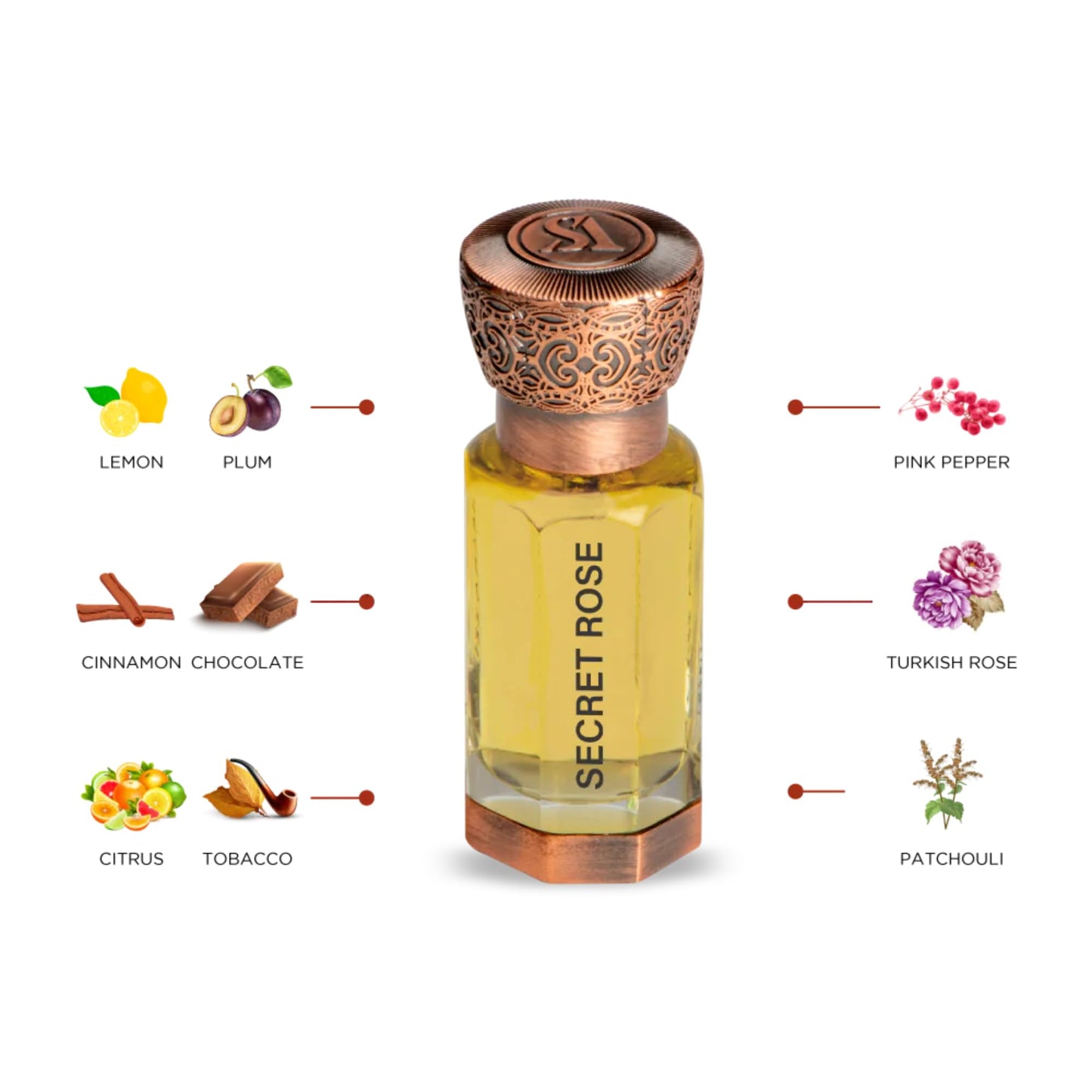 Swiss Arabian Secret Rose - Luxurious Concentrated Perfume Oil - Long Lasting Artisan Perfume with Notes of Lemon, Cinnamon, and Citrus - 0.4 oz