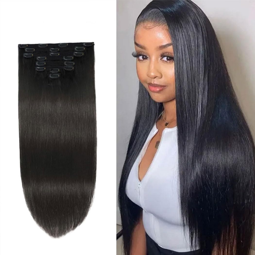 Clip In Hair Extensions Real Human Hair 16 Inch Straight Hair Clip in Hair Extensions Human Hair 120g 1B Natural Black Silky Thick Real 100% Human Hair for Women Virgin Hair