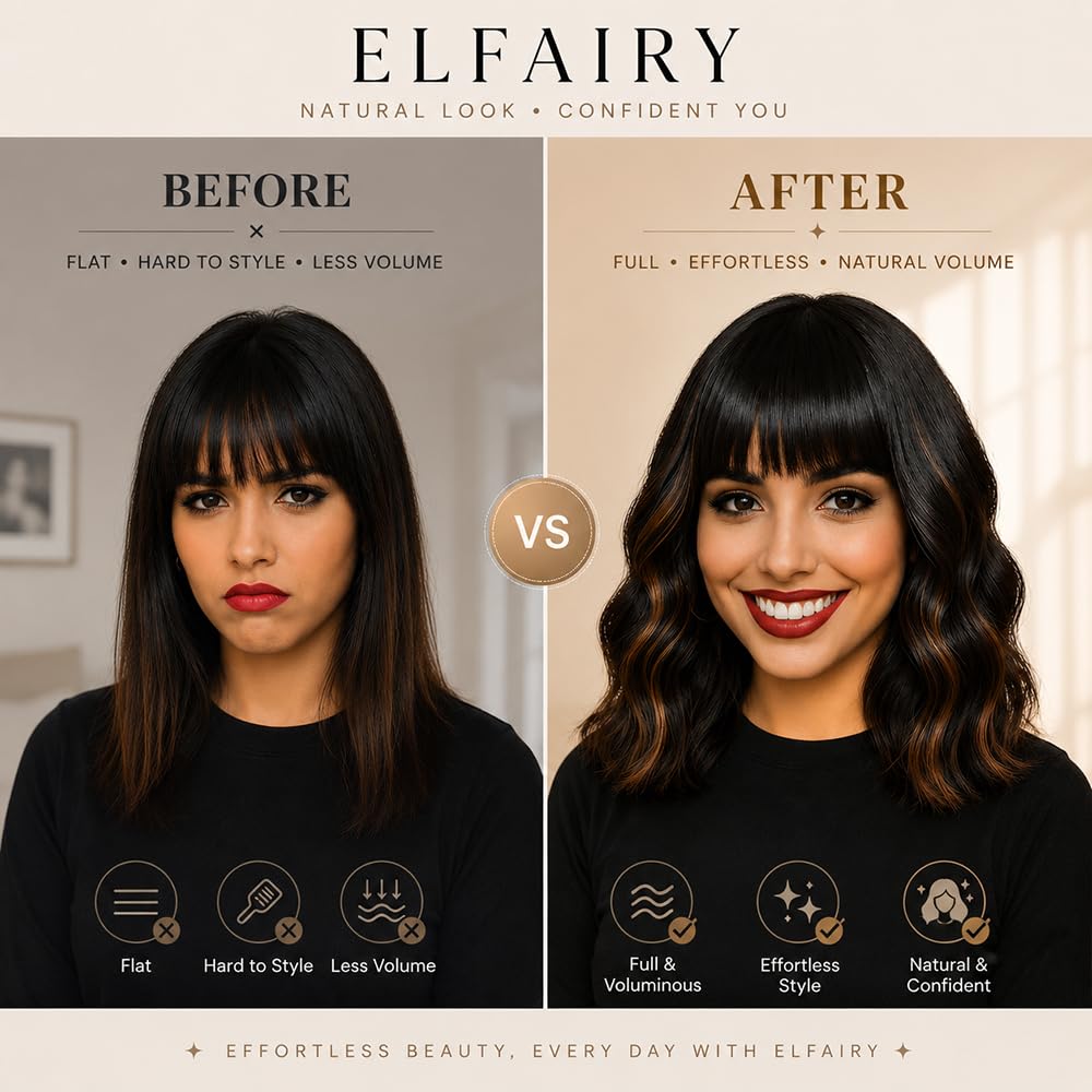 Black Highlights Brown Wig with Bangs,12 Inch Short Wavy Curly Bob Hair