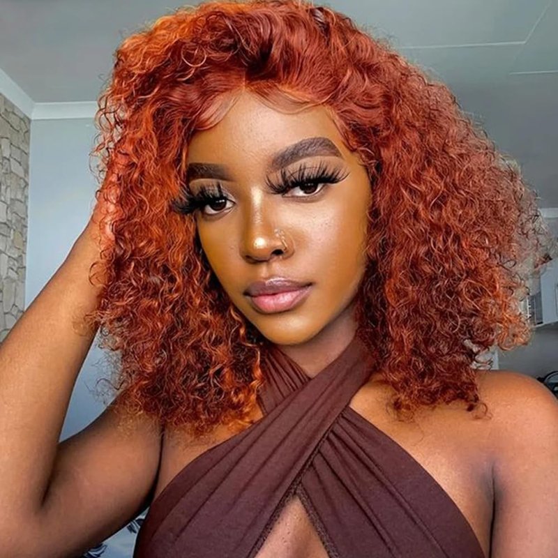 GOLFMAX 8-Inch Curly Bob Wig - Ginger Lace Front Human Hair | Water Wave, Pre-Plucked 13x4