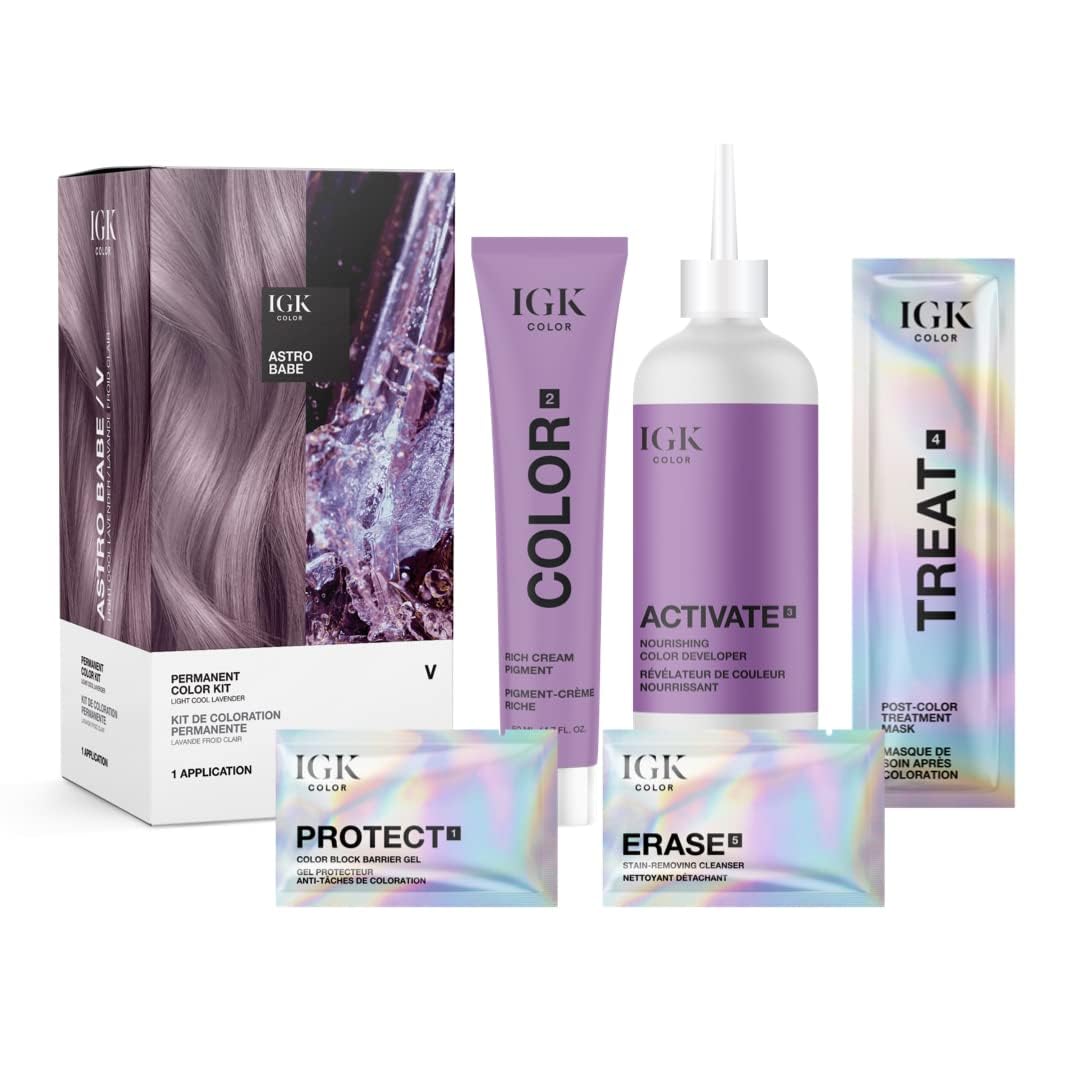 IGK Permanent Hair Dye Color Kit | V Astro Babe - Light Cool Lavendar | 100% Gray Color Coverage + Strengthen + Shine | Ammonia Free