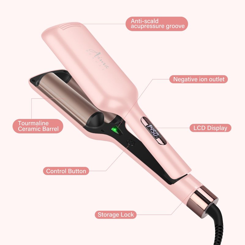 32mm (1.25") Aima Beauty Twins Mermaid Hair Waver, Anti-Scald Wave Curling Iron, Curling Wand 2 Barrel Hair Crimper for Women PTC 15S Heats Up for Short/Medium/Long Hair Pink Color