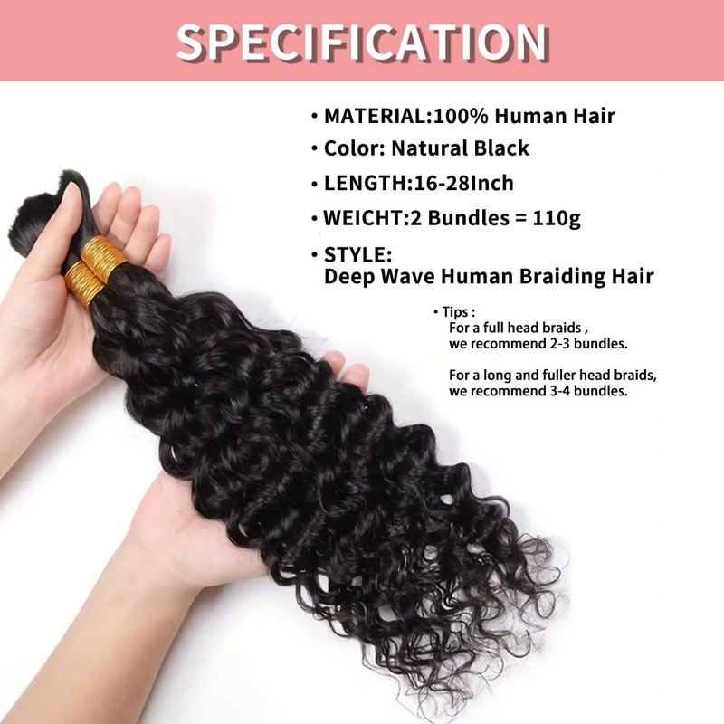 Human Braiding Hair for Boho Braids 12A Deep Water Wave Bulk Human Hair for Braiding No Weft Wet and Wavy Curly Human Hair Extensions (1B-Natural Black-Deep, 110g-20 Inch)