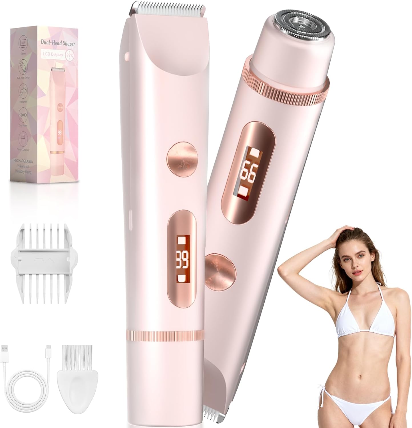 Bikini Trimmer for Women - Waterproof Electric Razor for Sensitive Areas | USB-C Rechargeable, Petal Pink with LED