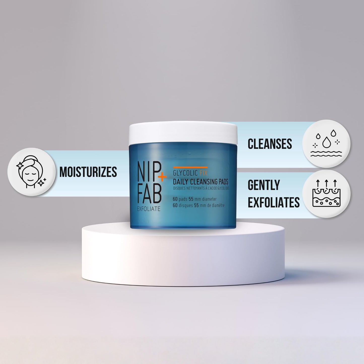 NIP+FAB Glycolic Fix Daily Cleansing Pads (60 Count) - Exfoliating Facial Pads with Glycolic Acid, Hyaluronic Acid & Blue Daisy - Resurfacing & Brightening Toner Pads for Congestion, KP & Dull Skin
