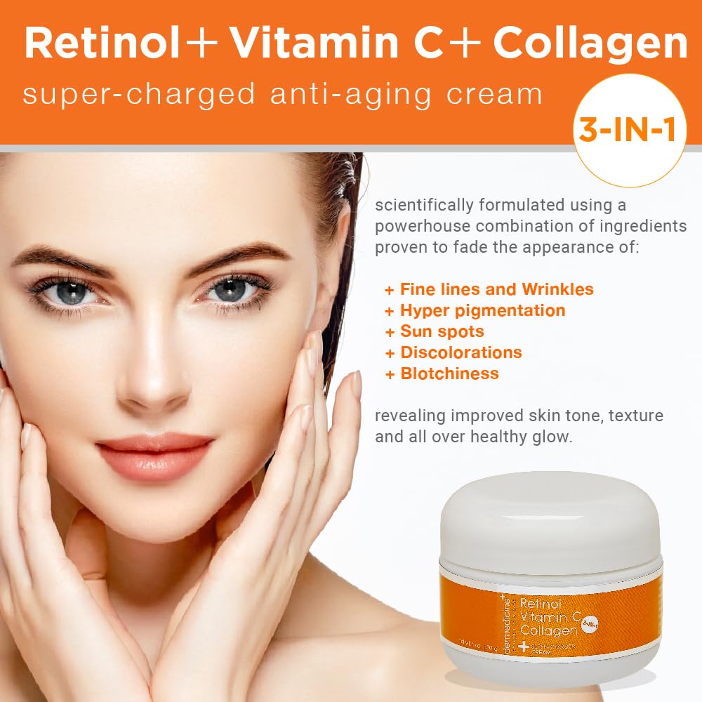 Vitamin C + Retinol + Collagen | Super Charged Anti-Aging Cream for Face | Pharmaceutical Grade Quality | Helps Smooth & Plump Fine Lines & Wrinkles & Brightens for Younger Skin (1 oz)
