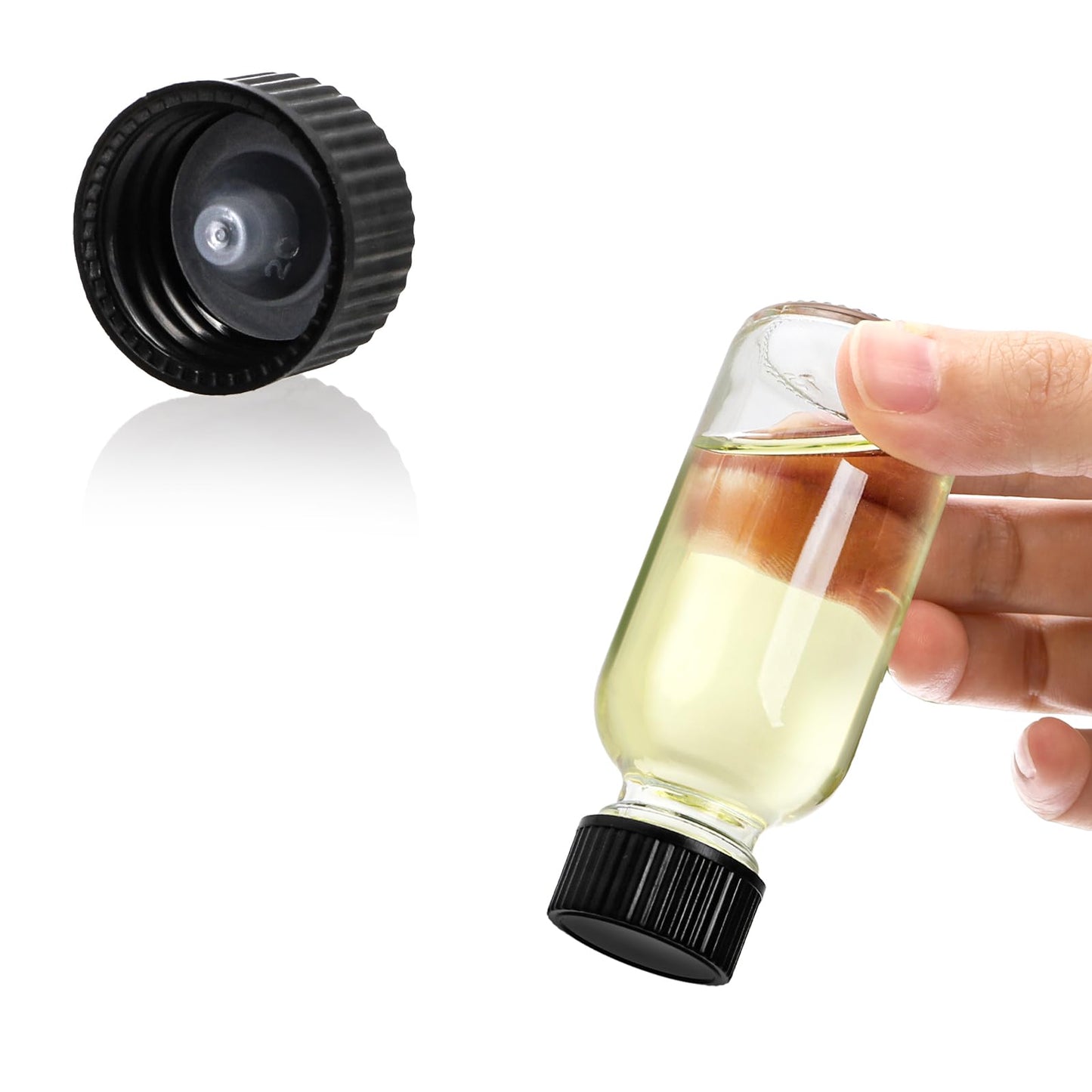 Bekith 30 Pack Boston Round Glass Bottle with Black Cap, 1 oz (30ml) Clear Glass Bottles Small Travel Bottle for DIY Essential Oils, Perfumes, Whiskey and Juices