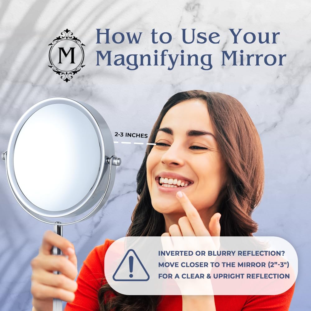 10X Magnifying Makeup Mirror on Round Stand for Tabletop, Bedroom Vanity Desk and Bathroom Counter - Free Standing Double Sided 10X/1X Magnification Mirror - 7" Wide and 14" Tall (Chrome)