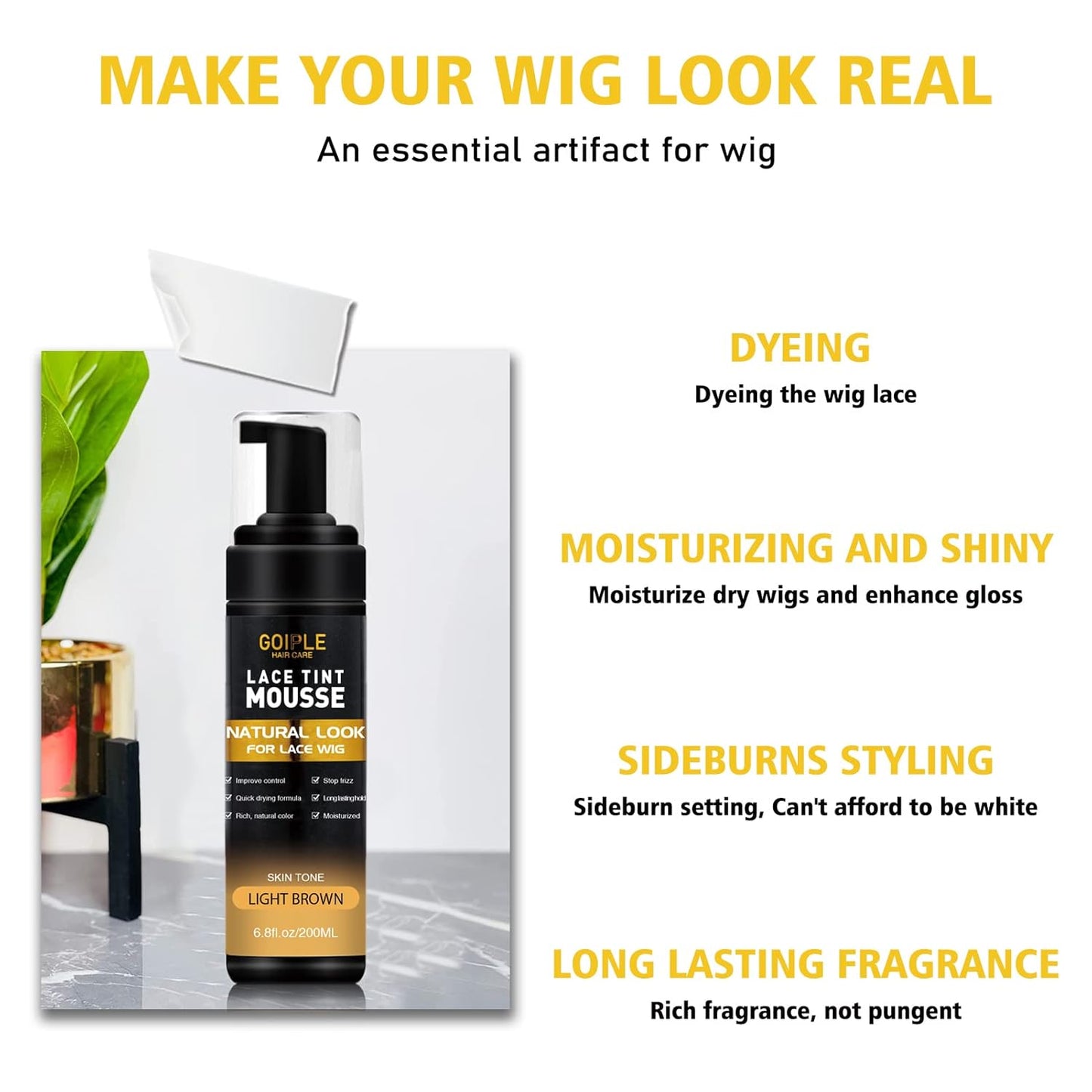 Lace Tint Melting Hair Mousse, 6.8 fl oz Lace Tint Mousse for Women Hair Wig Lace Wigs Toupees and Hairpieces Natural Finishing Lace Color, Lace Tint Mousse for Wigs Melts Lace Foam Tint(Medium Brown)