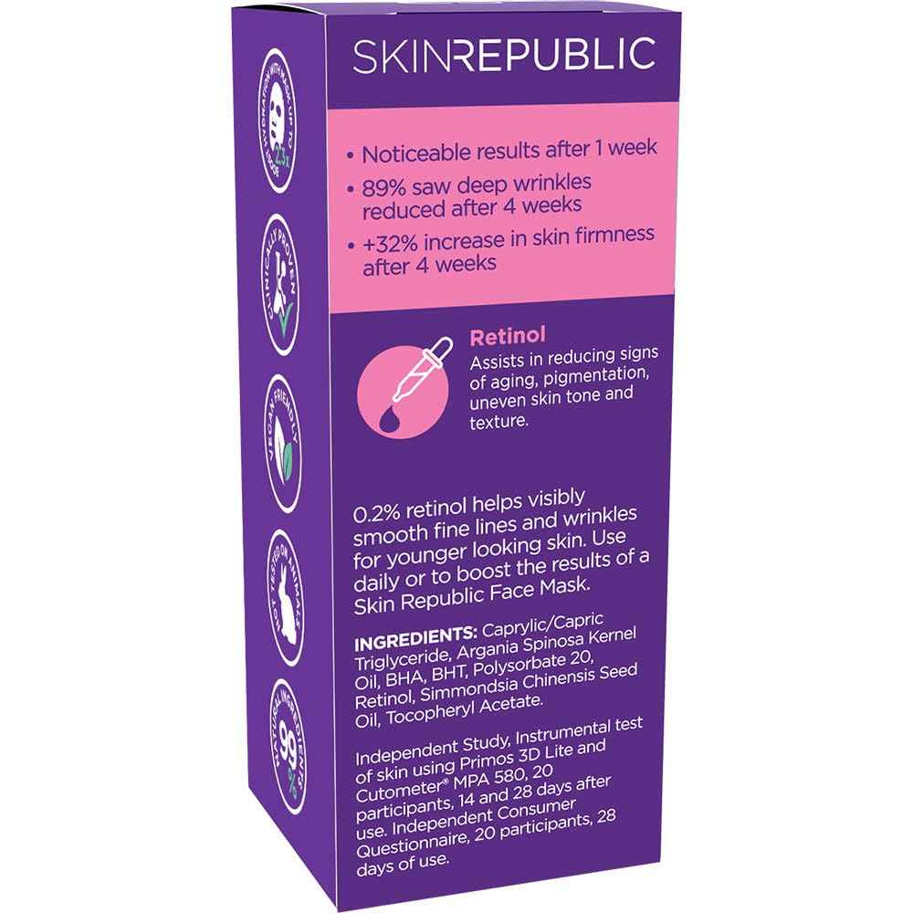 Skin Republic Retinol 0.2% Serum. Noticeable Results After One Week. 30ml Bottle. Made in Europe.