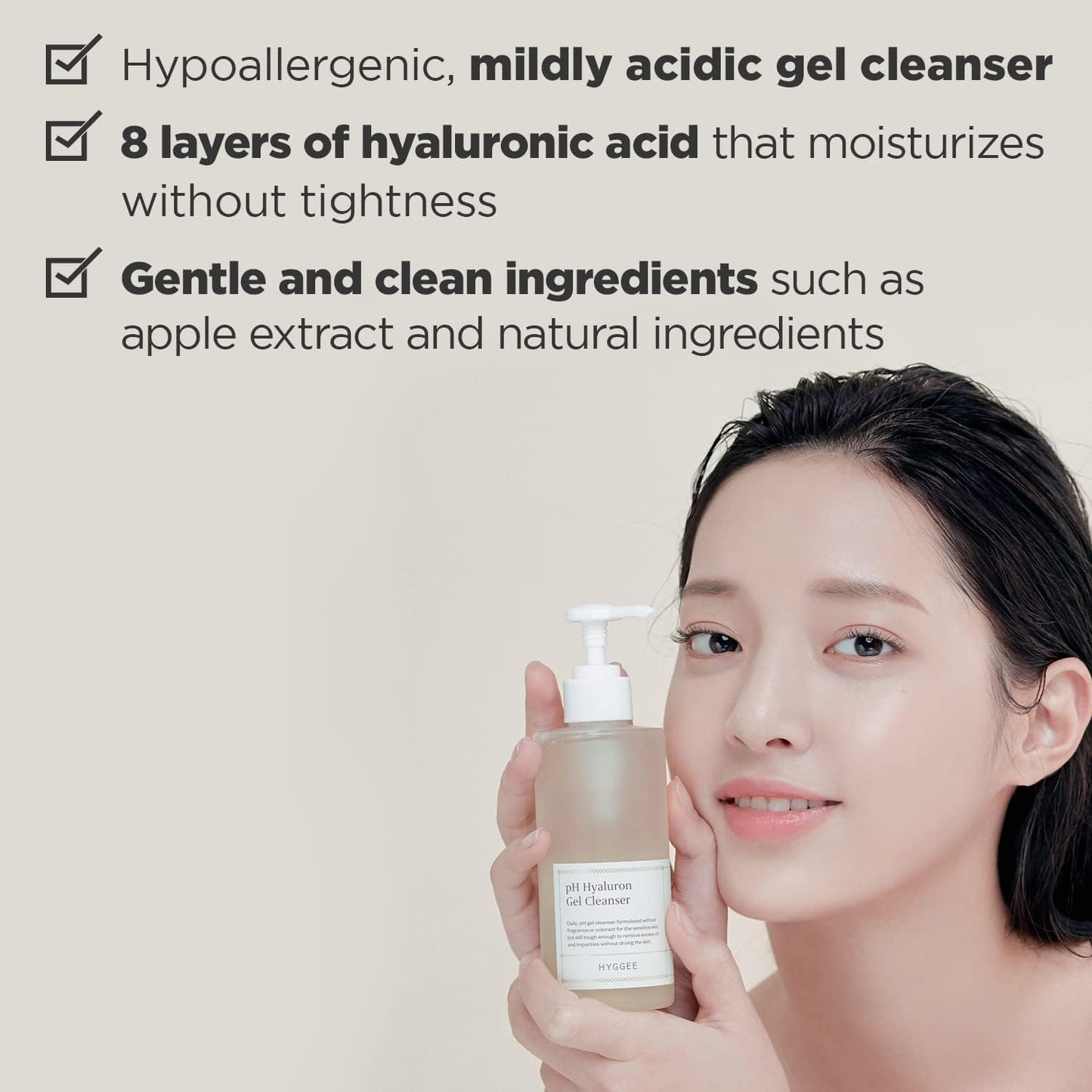 KSBC HYGGEE pH Hyaluron Gel Cleanser - Hyaluronic Acid Hydrating Face Wash - pH Balancing Formula for All Skin Types - Hypoallergenic Mild Makeup Cleansing Gel (13.52 fl.oz.)