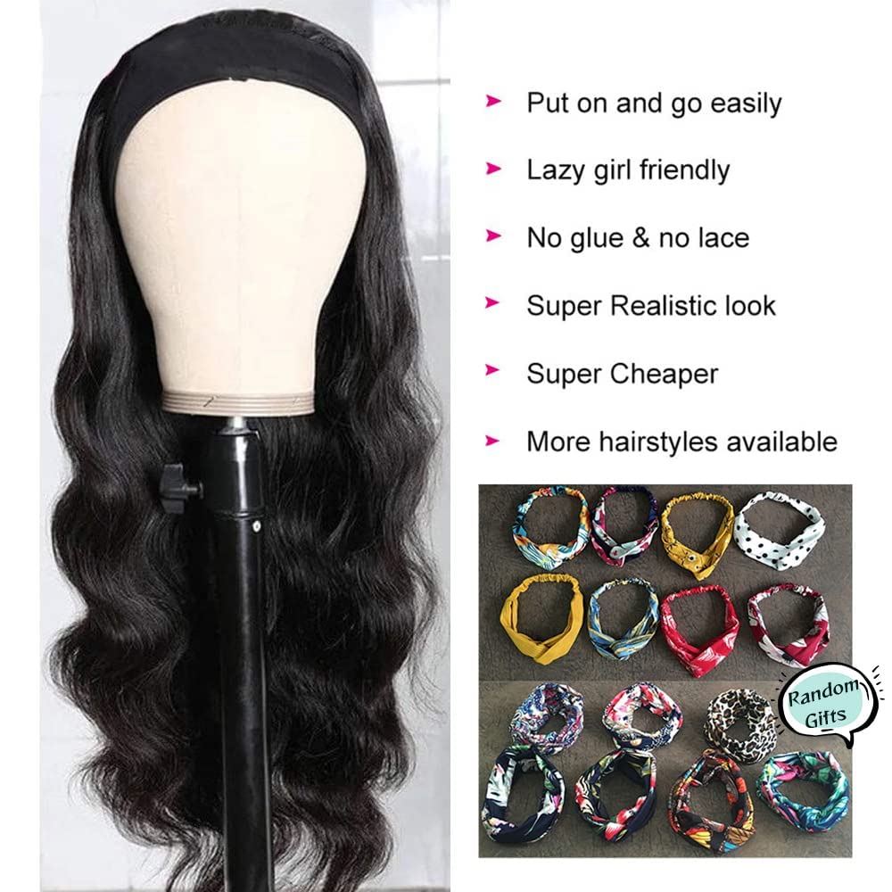 Headband Wig - Human Hair Body Wave for Black Women | 14 Inch Glueless, Natural Black, 150% Density