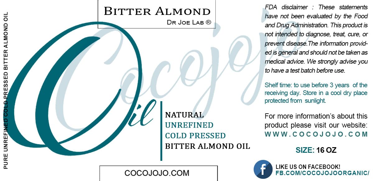 Dr Joe Lab Bitter Almond Oil - 16 oz - Pure, All Natural, Non GMO, Carrier Oil - for Skin, Hair, Body, Nails, Face, Arms & Legs - Hydrates, Nourishes, Moisturizes