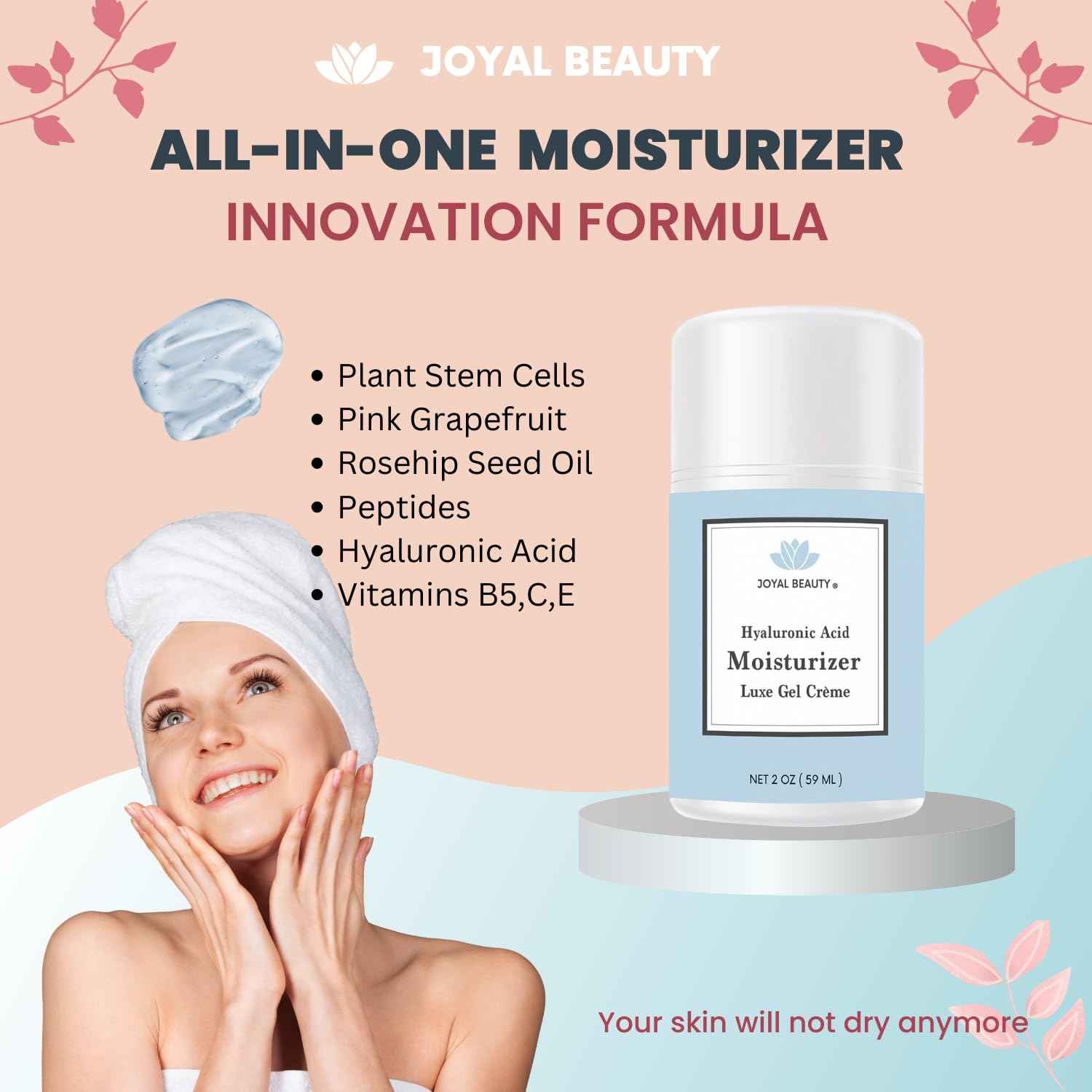JOYAL BEAUTY Hyaluronic Acid Moisturizer Gel Cream. All-In-One Anti-Aging Face Eye Cream Infused with Peptides, Vitamins B C E Tightens and lifts sagging skin on face, eyes, and neck.
