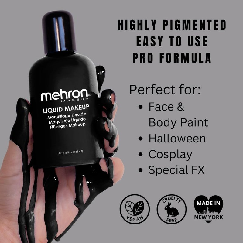 Mehron Liquid Makeup - Versatile Face & Body Paint for Halloween | Airbrush Compatible, 4.5 oz (Black)