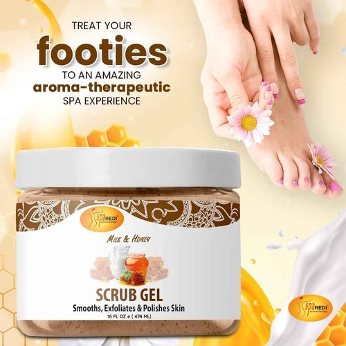 SPA REDI – Exfoliating Scrub Pumice Gel, Milk and Honey, 16 Oz - Manicure, Pedicure and Body Exfoliator Infused with Hyaluronic Acid, Amino Acids, Panthenol and Comfrey Extract