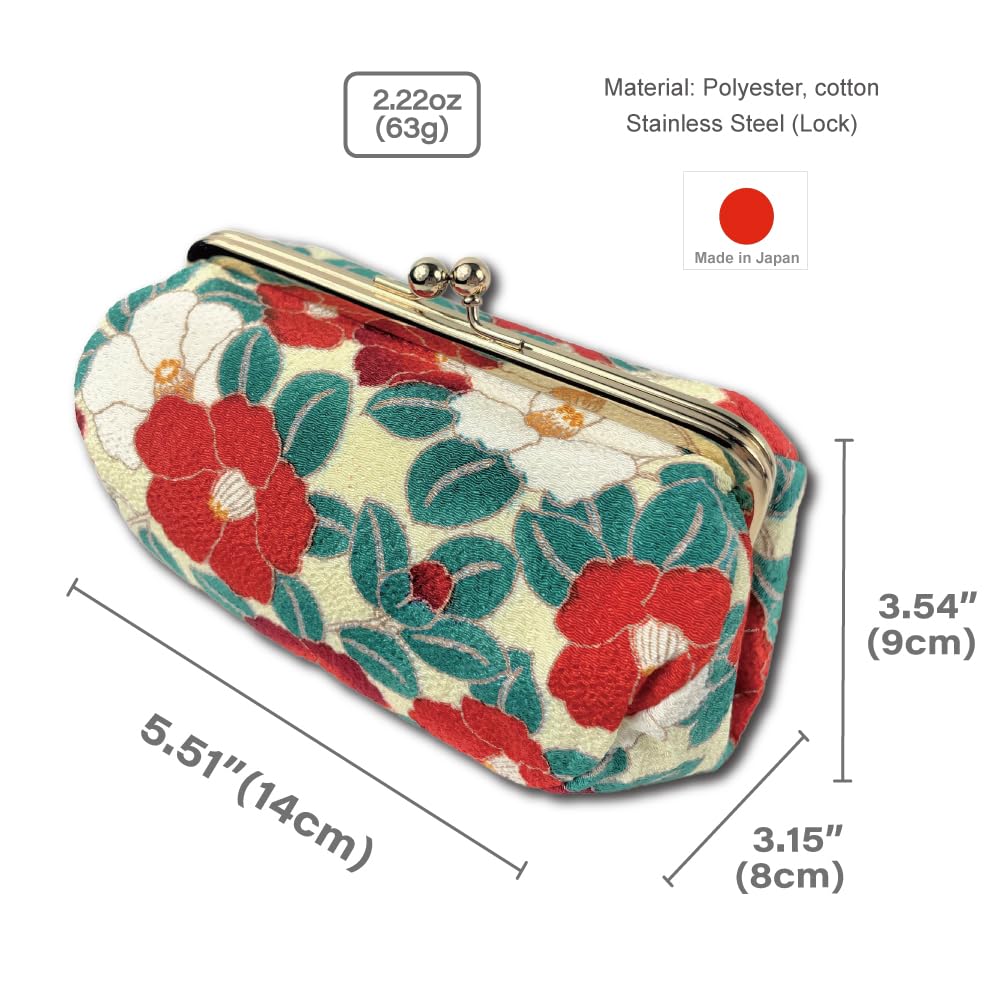 Kiss Lock Small Makeup Bag for Purse [ Made in Japan] Traditional Edo Komon Design Cute Cosmetic Pouch (Camellia flower (Ivory))
