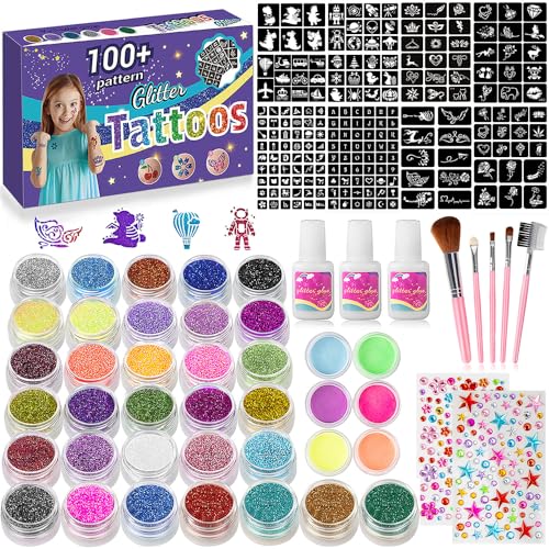 Temporary Glitter Tattoos Kids,32 Glitter Colors and 6 Fluorescent Colors,209 Stencils,2 diamond stickers,3 Glue,5 Brushes,Adults and Kids Arts Glitter Kit,Wonderful Holiday Gifts for Girls & Boys.