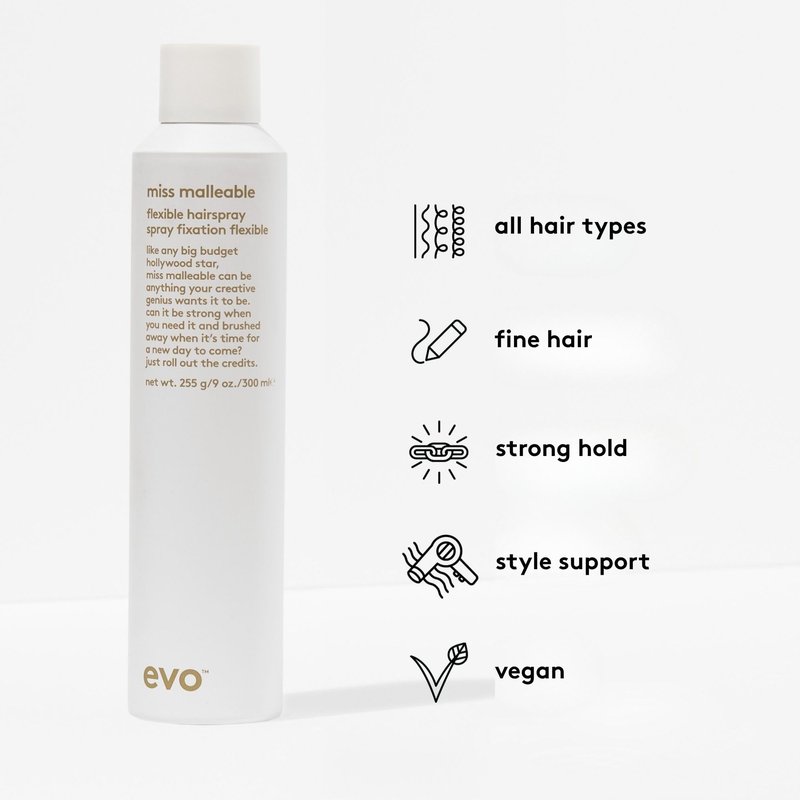 EVO Miss Malleable Flexible Hairspray - Strong Hold Hairspray, Malleable For Long Lasting Style, Shape Control & Brushable Finish - 9.0oz
