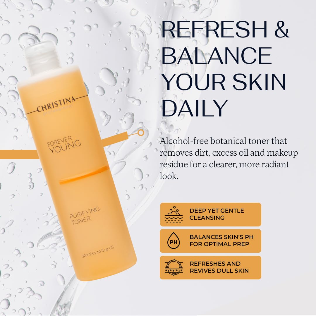 Christina - Forever Young Purifying Toner - Hydrating Facial Toner for Oily & Dry Skin - Cleanses and Removes Excess Oil - pH-Balancing Astringent with Witch Hazel & Quillaja - Alcohol-Free - 300ml