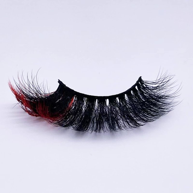 Voluminous Black False Eyelashes with Red Highlights - 18mm Faux Mink Strip Lashes for Dramatic Rave & Cosplay Looks