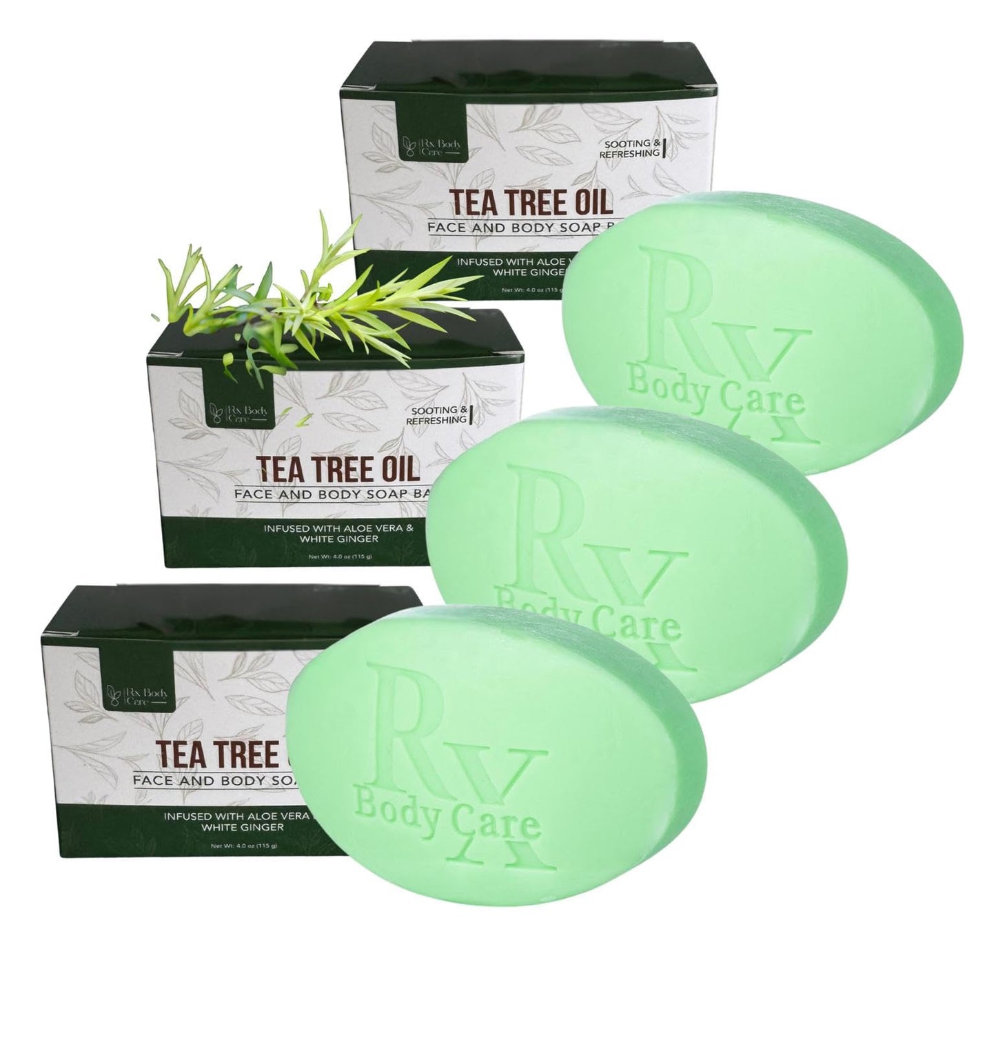 RX Body Care Tea Tree Oil Soap Bar For Face & Body 12.0 oz / 3 pack - Antiseptic Cleanser Against Odor, Acne, Rash, Ringworm - Infused With Pure Essential Oils (3)