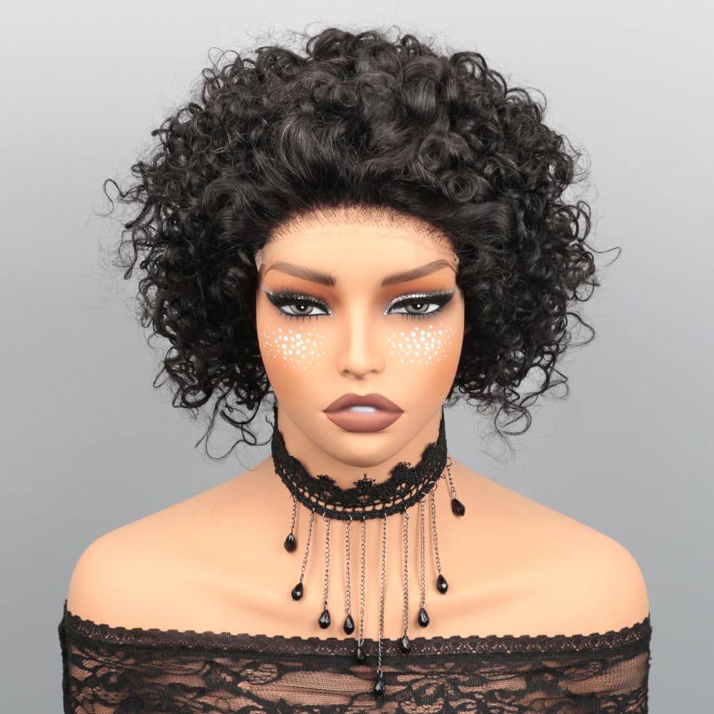 Pixie Cut Wig Human Hair Short Pixie Wigs for Black Women 5x5 HD Lace Closure Glueless Wigs Human Hair Pre Plucked Pre Cut 8 Inches Short Curly BOB Wig Human Hair (Natural Black)