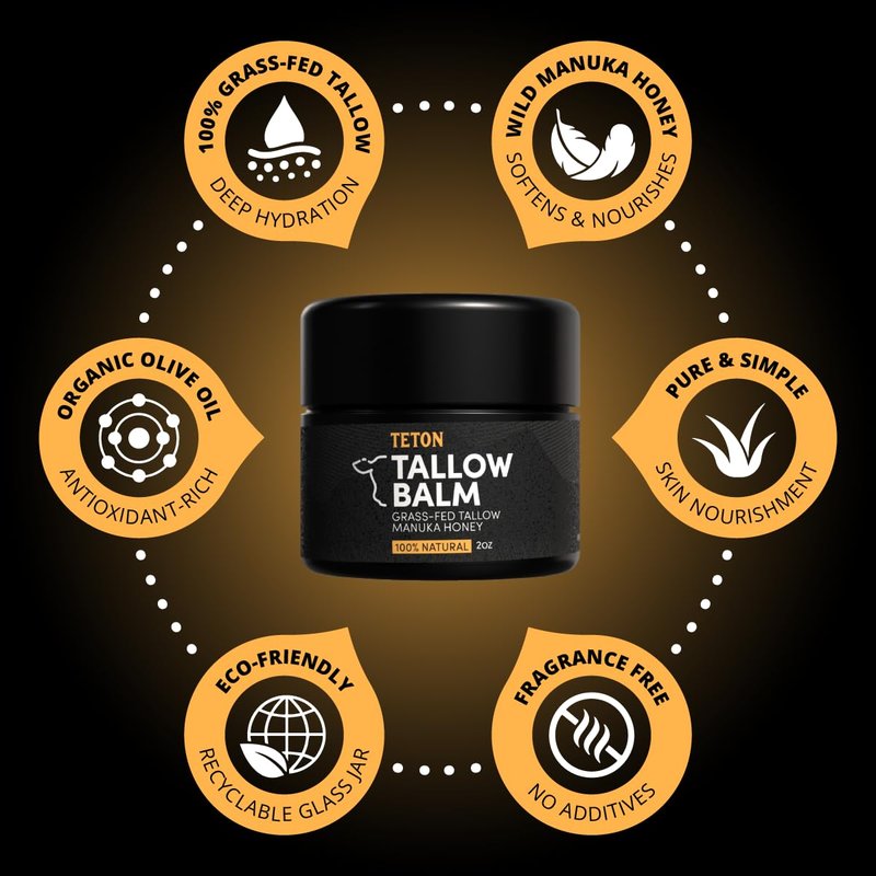 TETON Grass Fed Beef Tallow Balm with Manuka Honey, Olive Oil & Vitamin E – All-Natural Face & Body Moisturizer – Hydrating Skin Cream for Dry, Sensitive Skin – 50ml Glass Jar