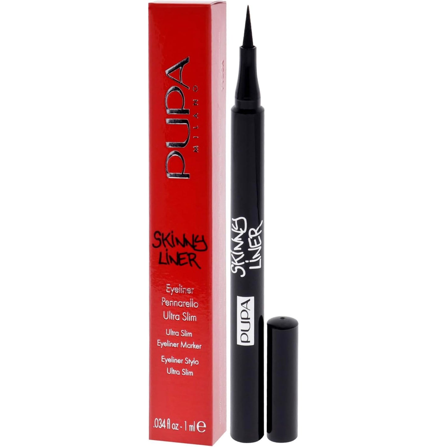 Pupa Milano Skinny Liner - Ultra Slim Eyeliner Pen- Ultra Slim Felt Tip With An Elongated Shape - Extremely Fine And Precise Lines - 001 Extra Black - 0.034 Oz