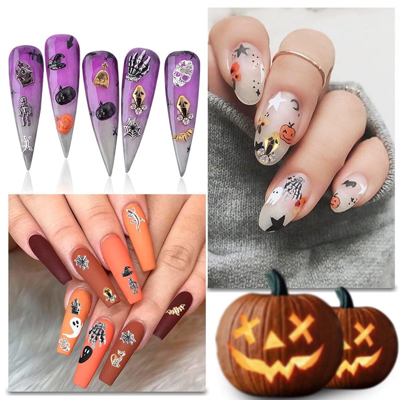 BAIYIYI Halloween Nail Charms - 24 Styles/Box Metallic Nail Studs & Rhinestones DIY Decorations