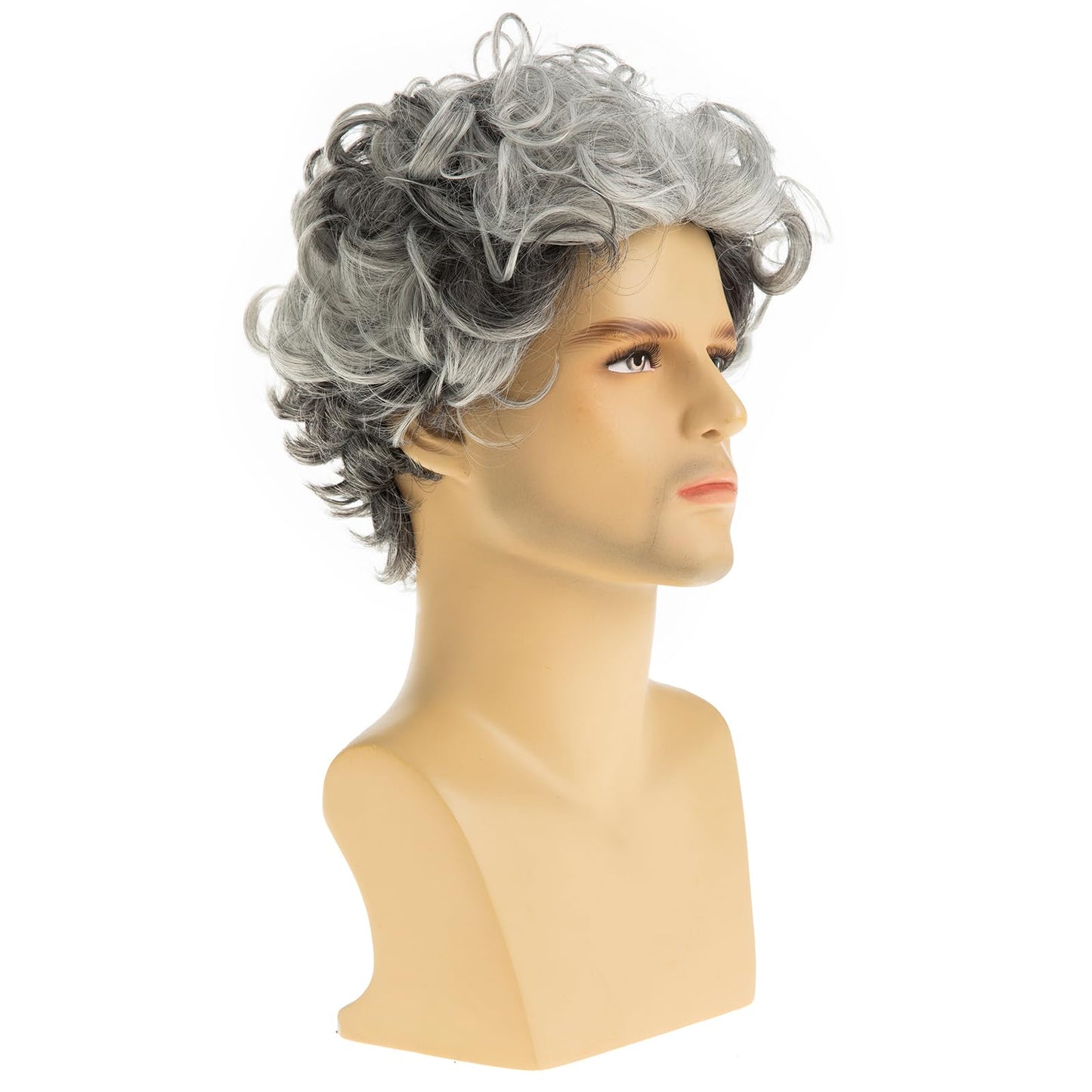 Dsimeig Mens Wig Grey Short Curly Wavy Cosplay Hair Wigs,Grey&White