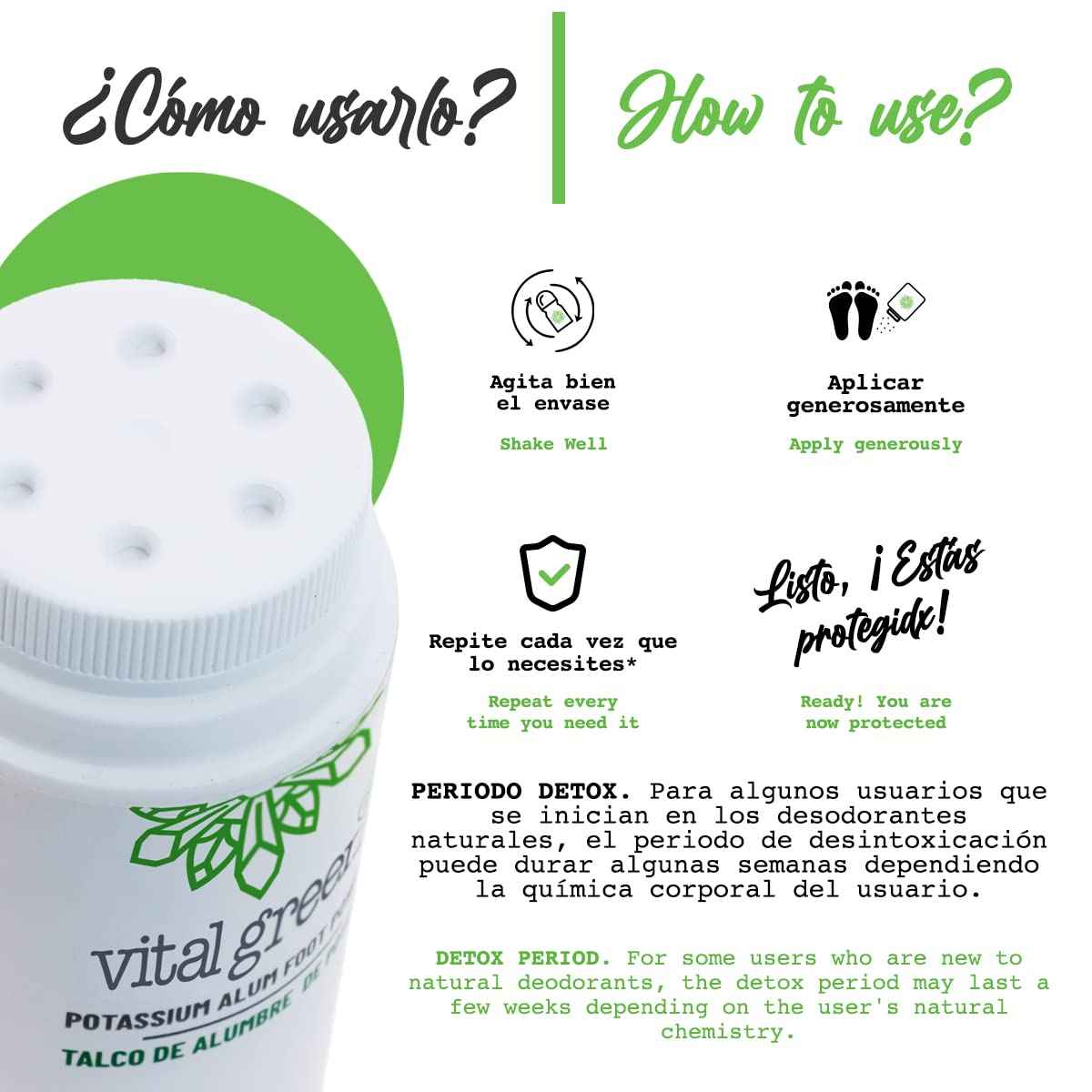 Vital Green Natural Powder Deodorant of Crystal Stone Alum (Potassium) - Unscented - Body or Feet Use - 100 g - 3.53 oz (3 Units)