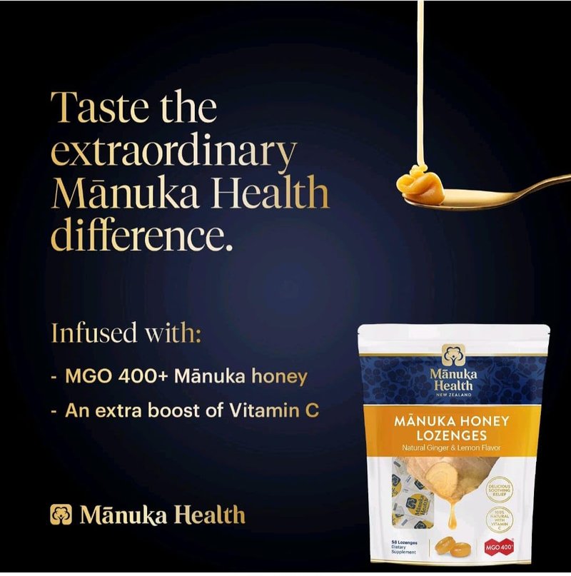 Manuka Health Manuka Honey Cough Drops – 58 Natural Lemon & Ginger Flavored Throat Lozenges Infused with Raw Manuka Honey and Vitamin C for Immune Support