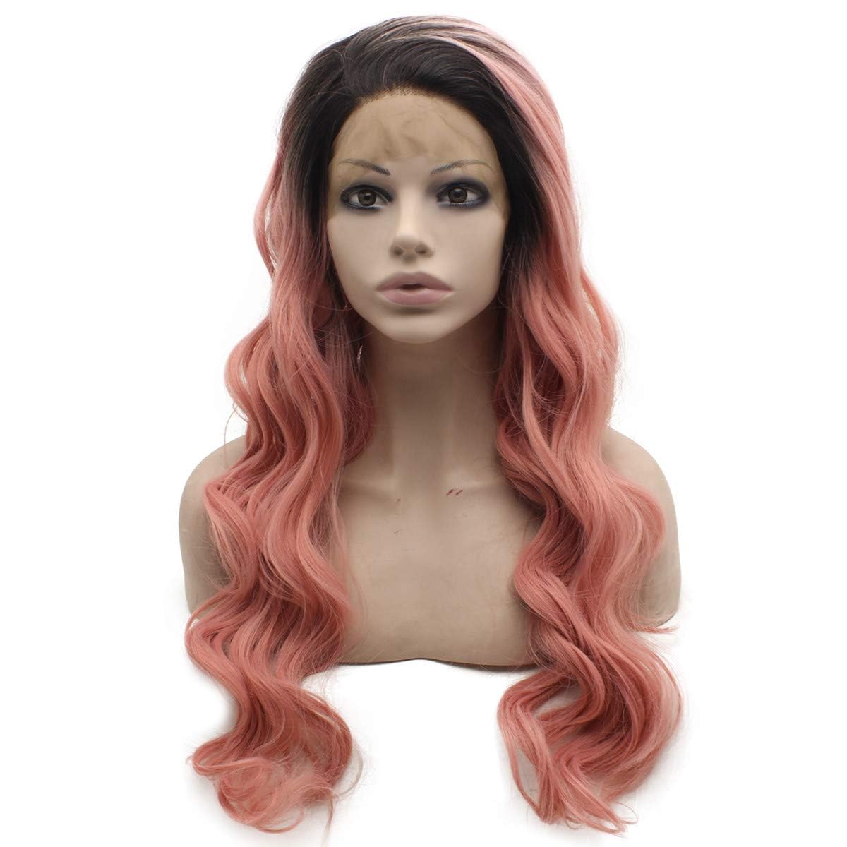 Long Wavy Pink Lace Front Wig - Dark Root Synthetic Hair | Half Hand Tied Design