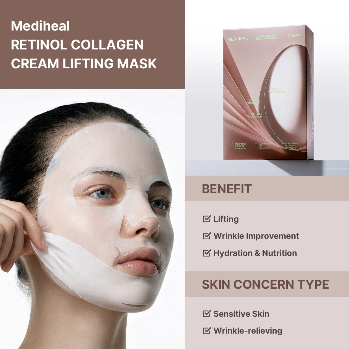 Mediheal Retinol Collagen Cream Lifting Mask (10 Counts) for V Line Mask, Anti-Aging - Helps Reduce Fine Lines & Wrinkles, and Smoothens Skin