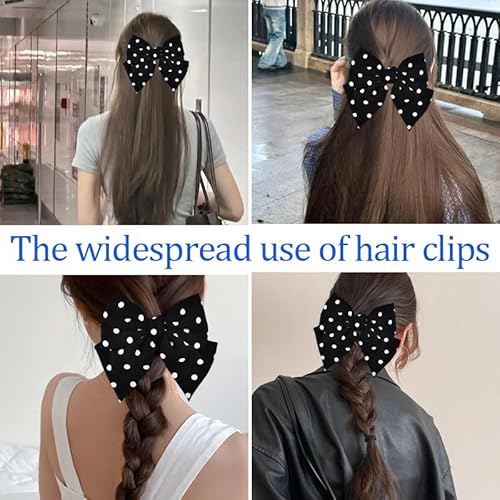 Polka Dots Bow Hair Clips Aesthetic Long Tail Big Bows for Women Girls French Spotted Black Hair Decoration for Festival Party Large Bowknot Clip Accessory Polka Dot Satin Silk Barrettes