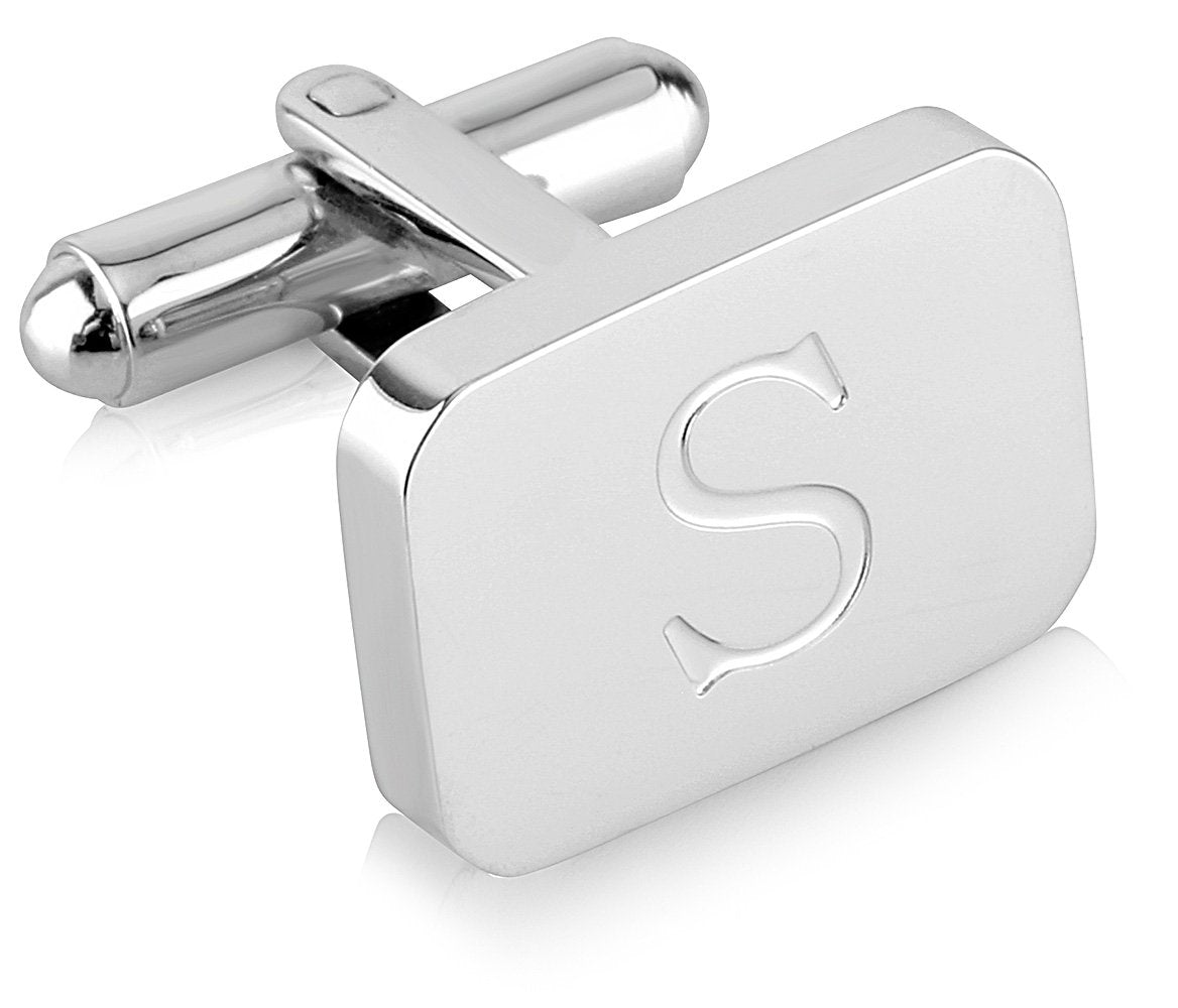 18K White-Gold Plated Initial Engraved Stainless Steel Men’s Cufflinks With Gift Box -Personalized Alphabet Letter’s A-Z By Lux & Pair