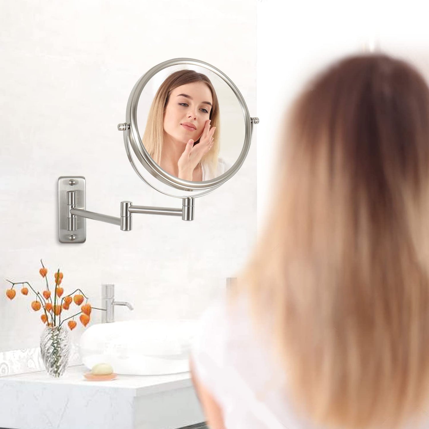 Erlingeryi Wall Mount Makeup Mirror with 1X/10x Magnification, Nickel