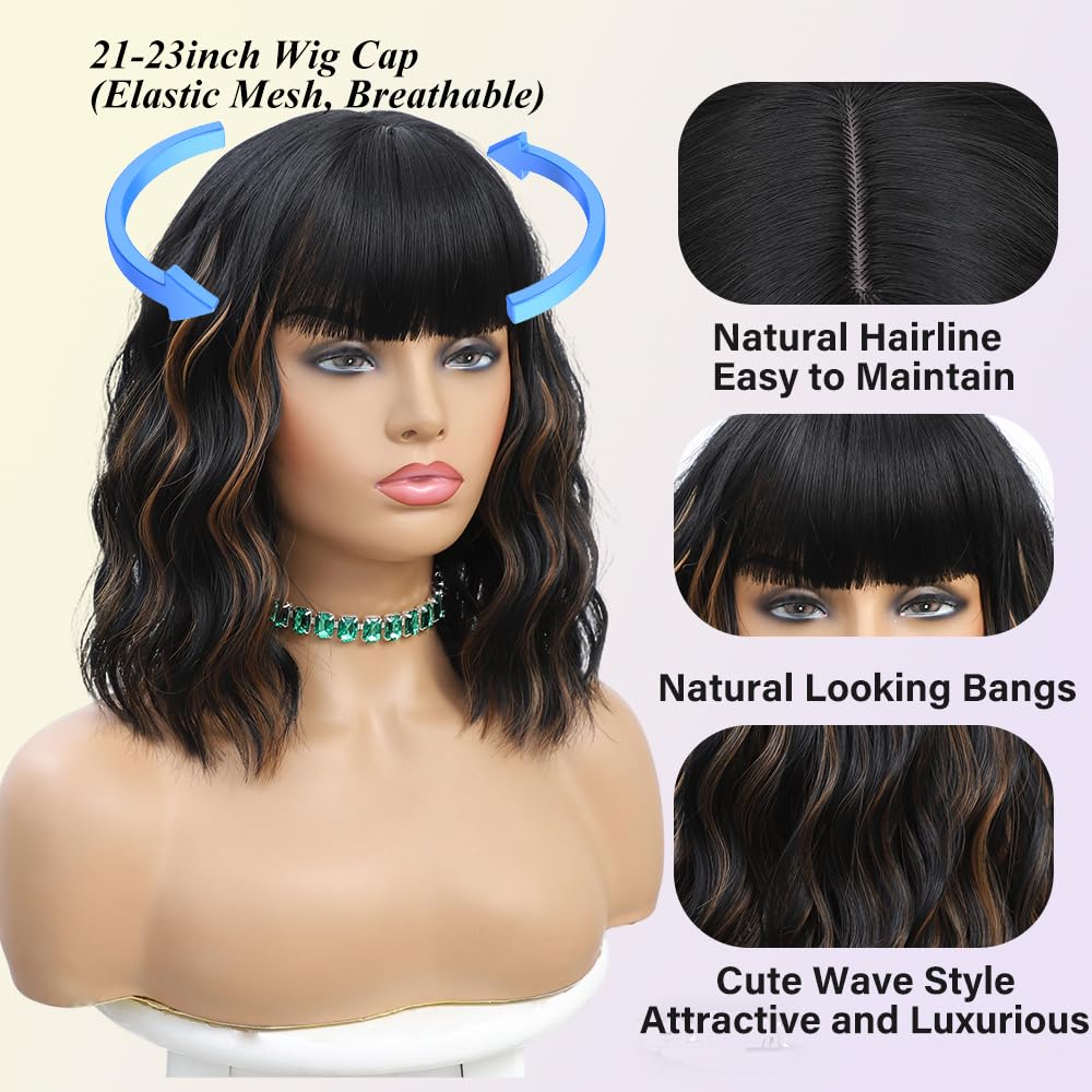 Black Highlights Brown Wig with Bangs,12 Inch Short Wavy Curly Bob Hair