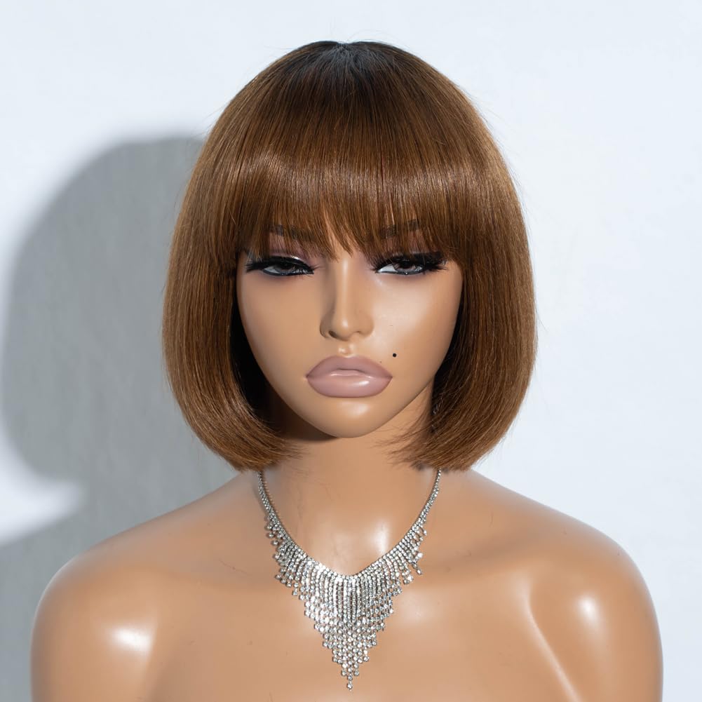 Spotlight 8 Inch Straight Bob Wig with Bangs Human Hair 180% Density Short Bob Human Hair Wigs with Bangs None Lace Front Wigs Brazilian Straight Hair Wig for Black Women (Ombre Brown, TT1B/30 Color)