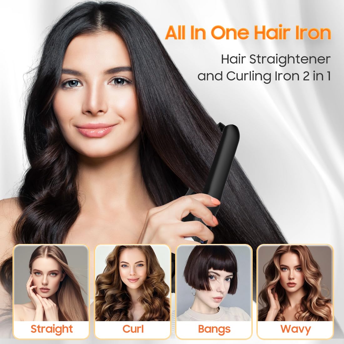 Cordless Hair Straightener, Portable Flat Iron for Travel, 2 in 1 Hair Styling Tools for straightening and Curling, Lightweight on-The-go, 4000 mAh Battery, Fast USB-C Charging (Black)