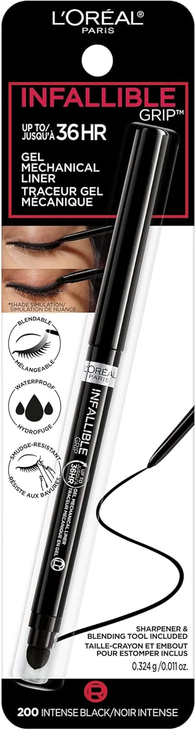 L'Oreal Paris Infallible Grip Eyeliner Pencil - Waterproof, Smudge-Resistant, Intense Black | 0.01 Oz, 36HR Wear