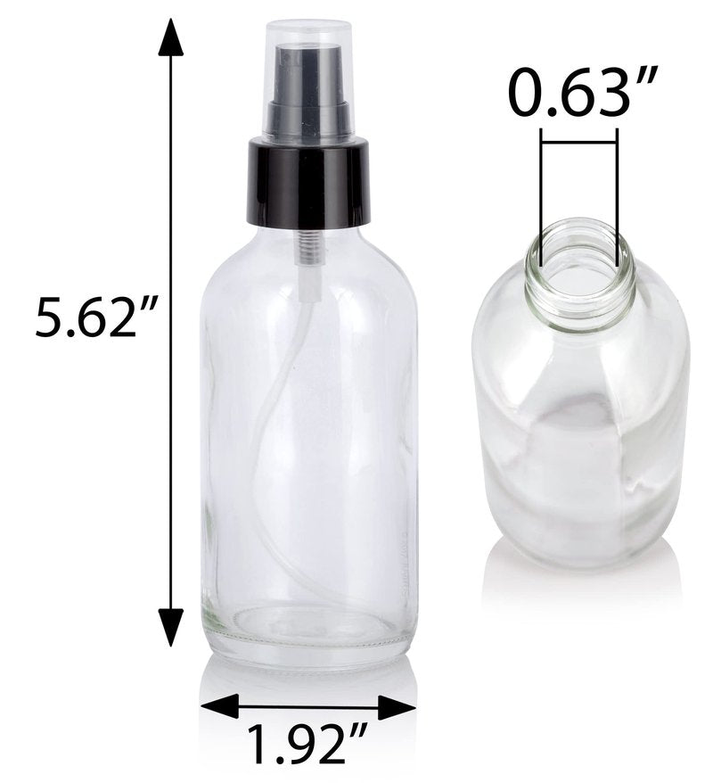 JUVITUS 4 oz Clear Glass Boston Round Bottle with Black Treatment Pump (12 Pack) + Funnel